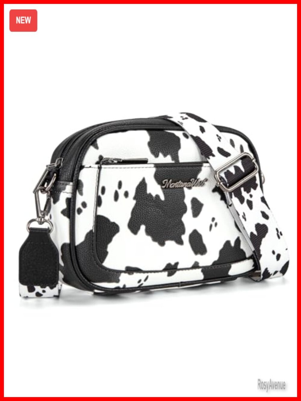 Cow Print Crossbody Purse Triple Zip Shoulder Handbag with Wide Strap